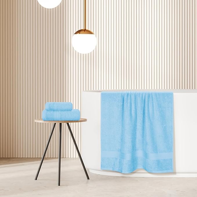 BOUTIQUO Ultra Soft 3 Pack Cotton Towel Set, Contains a Bath Towels 27x54 inch, a Hand Towels 16x24 inch & a Wash Coths 12x12 inch, Ideal Everyday use, Compact & Lightweight - Sky Blue