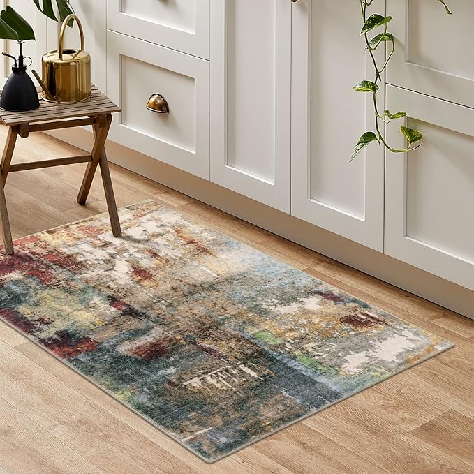 Lahome Modern Abstract Area Rug - 2x3 Washable Small Entryway Rug for Kitchen Non-Slip Front Doormat, Contemporary Faux Wool Soft Floor Indoor Carpet for Bathroom,Red/Multi