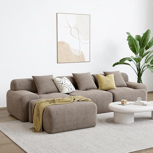 LIKIMIO 118" Modern L-Shaped Modular Sectional Sofa for Living Room, Corduroy Upholstery Light Brown, Oversized 3-Seater Couch with Deep Seat and Movable Ottoman – No Assembly