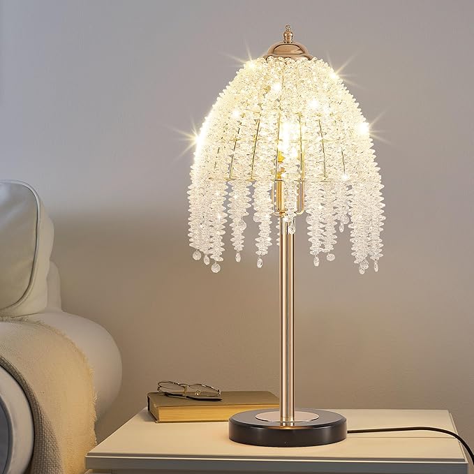 Vintage Style Floor Standing Lamp, Waterfall Design with Grape-Shaped Tall Gold Pole Light, Modern Dimmable Crystals Standing Lamps (Table Lamp-Gold+Iron-6)