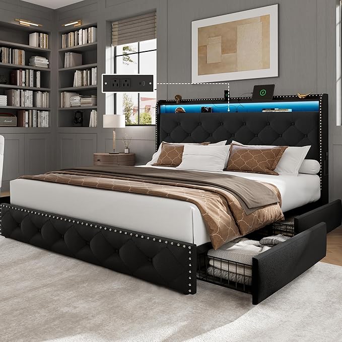 LARMACE Queen Size Bed Frame with Storage & LED Lights & USB Type-C Charging Station,Velvet Upholstered Platform Bed with Headboard and 4 Drawers, No Box Spring Needed, Easy Assembly, Black