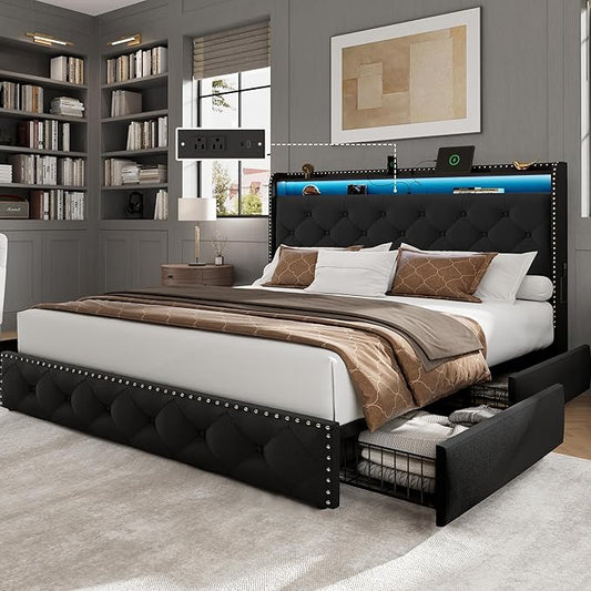 LARMACE Queen Size Bed Frame with Storage & LED Lights & USB Type-C Charging Station,Velvet Upholstered Platform Bed with Headboard and 4 Drawers, No Box Spring Needed, Easy Assembly, Black