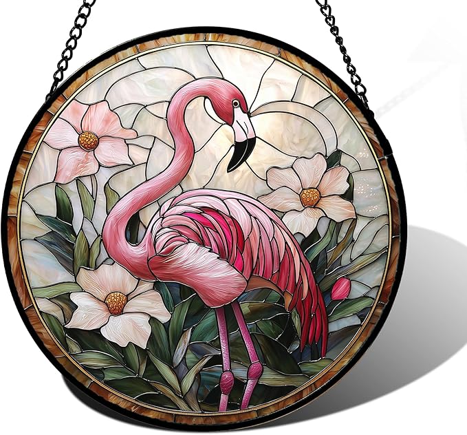 Stained Glass Window Hanging, Flamingo Flower Sun Catchers Diamond Glass Panel Hangings Pink Suncatcher Decor for Birthday for Women, Men, Wife, Aunt, and Mom 9.8 in