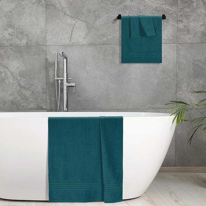 BOUTIQUO Ultra Soft 3 Pack Cotton Towel Set, Contains a Bath Towels 28x55 inch, a Hand Towels 16x24 inch & a Wash Coths 12x12 inch, Ideal Everyday use, Compact & Lightweight - Teal