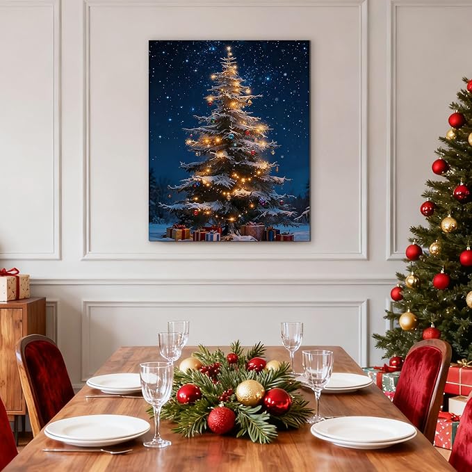 Framed Christmas Pictures Wall Decor,Vintage Pine Tree Prints,Winter Christmas Canvas Wall Art Decoration for Bedroom Bathroom Living Room Rustic Xmas Holiday Gifts (Christmas Tree 13, 11'' X 14'')