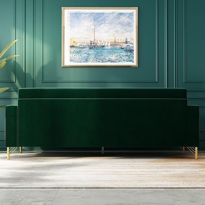 2PCS 85.63" Green Velvet Sofa,Modern Loveseat Couch with Pillows Set of 2 for Living Room,Bedroom,Apartment Furniture with Gold Metal Legs