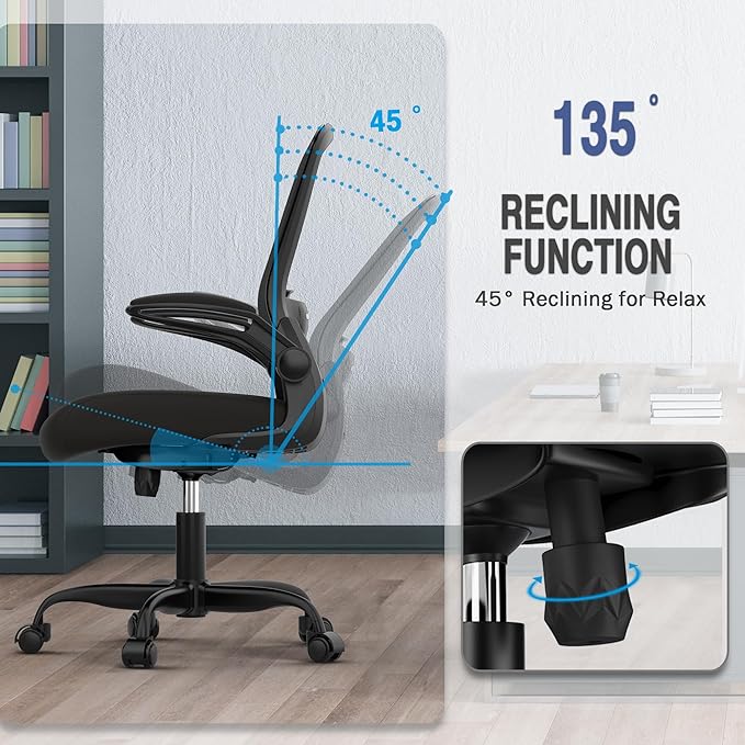 Mimoglad Ergonomic Office Chair - BIFMA Certified, Flip-up Armrests & 135° Recline, Adjustable Lumbar Support - Space-Saving Task Chair for Business/Team Office & Home (Black, 300lbs)