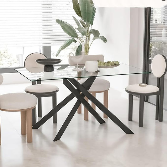 51.2" Glass Dining Table, Modern Kitchen Table for 4-6 People, Contemporary Rectangular Dining Room Dinner Tables with Clear Glass Top & Black Metal X Legs for Kitchen Apartment