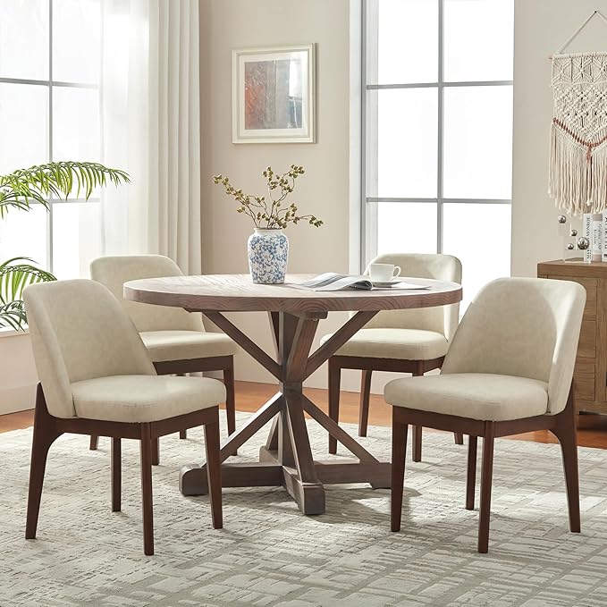 VKNOW Modern Dining Chairs Set of 4, Faux Leather Kitchen Chairs with Wood Legs, Upholstered Side Chair for Kitchen Dining Room, Beige