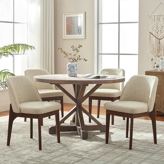 VKNOW Modern Dining Chairs Set of 4, Faux Leather Kitchen Chairs with Wood Legs, Upholstered Side Chair for Kitchen Dining Room, Beige
