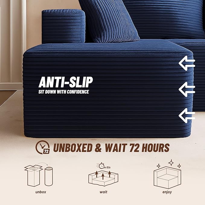 107" Boneless Couch with Deep Seat, Modular Sectional Sofa, Cloud Sectional Couch for Living Room, No Assembly Required, Corduroy, U-Shape 3 Seater Left, Blue
