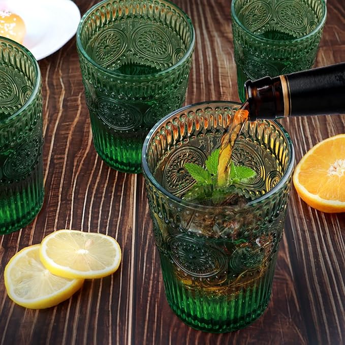 6pcs Vintage Drinking Glasses Set, 12 oz Atroviens Highball Glasses, Embossed Ribbed Glassware Cups for Cocktail, Water, Juice, Coffee, Whiskey