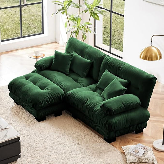 94.4" Loveseat Sofa, 2 Seater Modular Sectional Sofa, Green Large L Shaped Sectional Couches for Living Room, Fluffy Chenille Fabric Cloud Couch with Ottoman