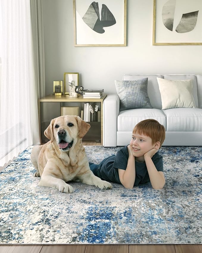 Washable Area Rug for Living Room: 9x12 Modern Abstract Neutral Soft Rug for Bedroom Dining Room No Slip Low Pile Carpet for Nursery Home Office - Grey/Blue