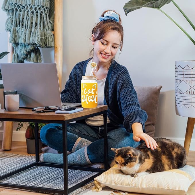 Cat Mom Gifts for Women Mothers Day Crazy Cat Lady Coffee Glass Cup with Lid Straw, Fur Lovers Owners Christmas Gifts for Daughter, Sister, Aunt, Best Friends, BFF - Including Straw Cap, Cozy Socks
