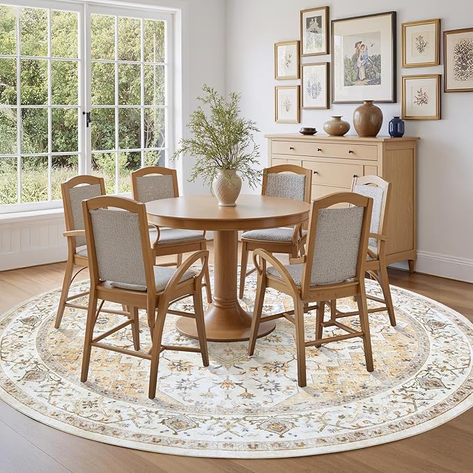 AMADA HOMEFURNISHING 8ft Round Area Rug, Low-Profile Washable 8x8 Rugs with Non-Slip Backing & Durable Edge Binding, Vintage Rug for Kitchen, Bedroom & Hallway, Beige