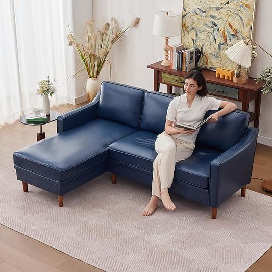 Kingfun 88" L-Shape Sofa, Chenille Sectional Couch, Mid Century Modern Couches with Solid Wood Frame for Living Room & Bedroom, Beige