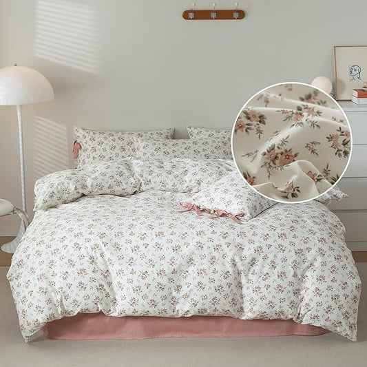 LifeTB Pink Floral Duvet Cover Queen 100% Cotton Flower Duvet Cover Girls Cottagecore Bedding Set Vintage Garden Style Aesthetic Bedding Floral Comforter Cover Botanical Bedding Cover Queen Size
