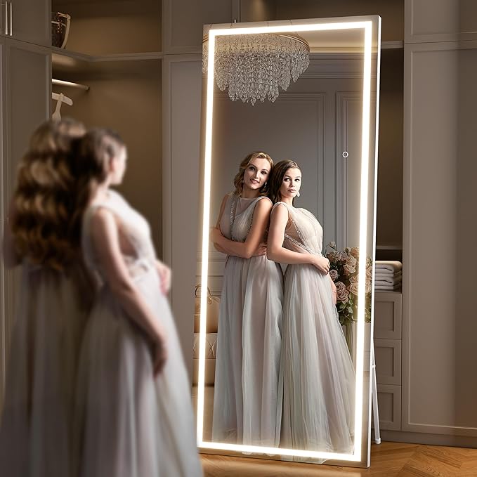 Full Length Mirror with Lights, 75" x 28" LED Lighted Floor Standing Mirror, Tempered Glass, Square White