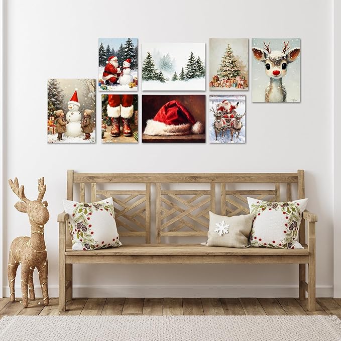 Vintage Santa in Sleigh with Reindeer Christmas Canvas Wall Art - Classic Framed Prints for Living Room & Office, Cozy Winter Snow Scene Nature Decor, Ideal Christmas Gifts & Festive Decorations