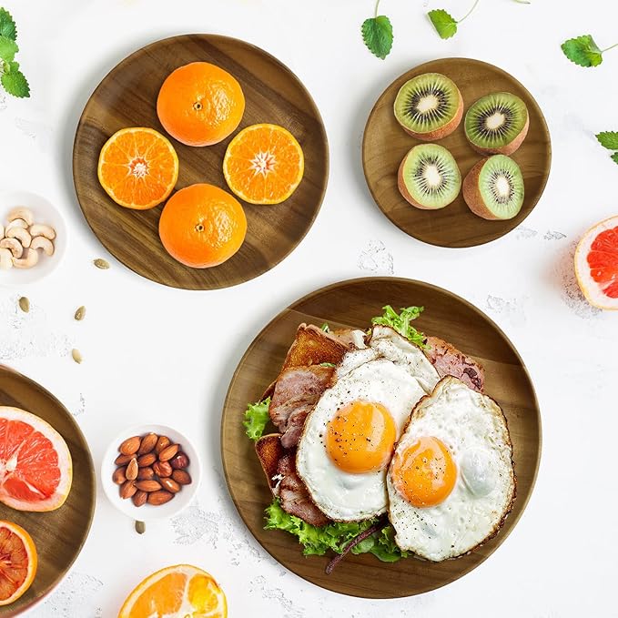 MinBoo Wooden Acacia Plates set of 3, 9-6Inch Wood Acacia Serving Trays, Farmhouse Kitchen Plates, Reusable Wooden Dishware for Dining, Appetizers, Snacks, Parties (oval)