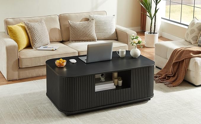 Coffee Table for Living Room, 46.5 Inch Modern Oval Coffee Table with Storage & 2 Drawers, Mid-Century Minimalist Wood Center Table with Hidden Compartments, Adjustable Feet (Natural)