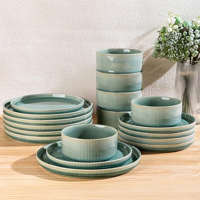 GBHOME Stoneware Dinnerware Sets for 4,Round Reactive Glaze Ceramic Plates and Bowls Set,Highly Scratch Resistant | Dishwasher & Microwave Safe Dishes Set,Service for 4(12Pcs),Malachite Green