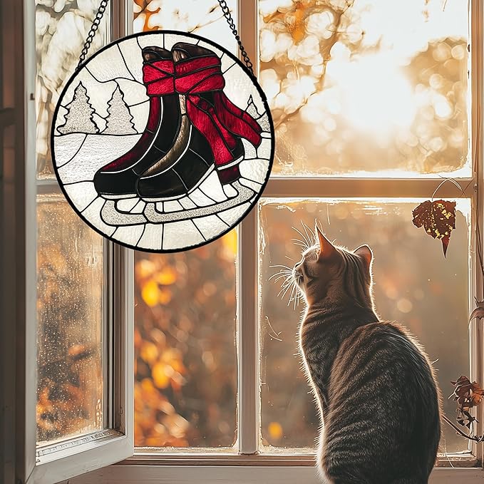 Stained Glass Window Hanging 4 Pcs Set Winter Skiing Red Christmas House 9.8" - Suncatcher Door Garden Sun Catcher Decor Birthday Mother's Day for Mom Woman Nana Friend