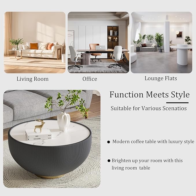 Grey Round Coffee Table with Sintered Stone Tabletop, 27.56" Drum Coffee Table with Fluted PU Leather Covered and Metal Base, Circle Cocktail Tea Table for Living Room