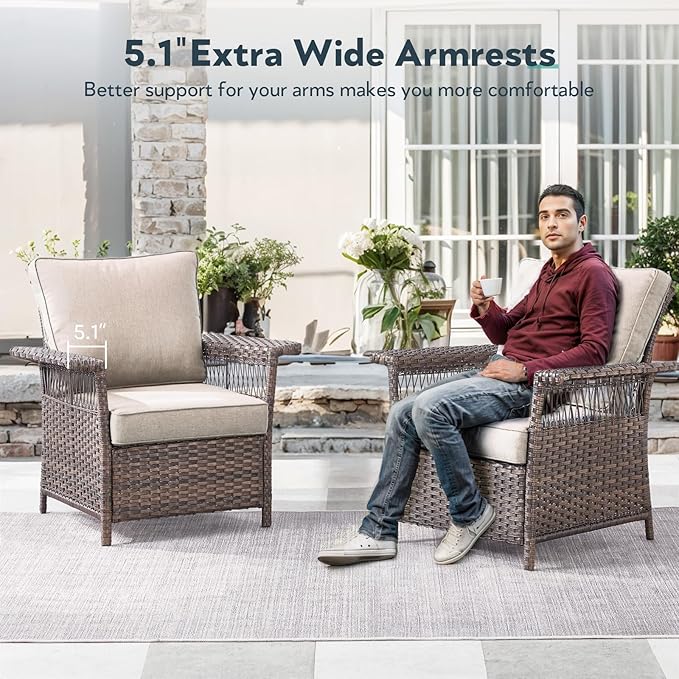Wicker Outdoor Chairs Set - 3 Pieces Hollow Widen Armrests Patio Furniture Set with Side Table, Comfortable High Back Rattan Chairs for Balcony Porch Deck and Yard - Brown/Beige