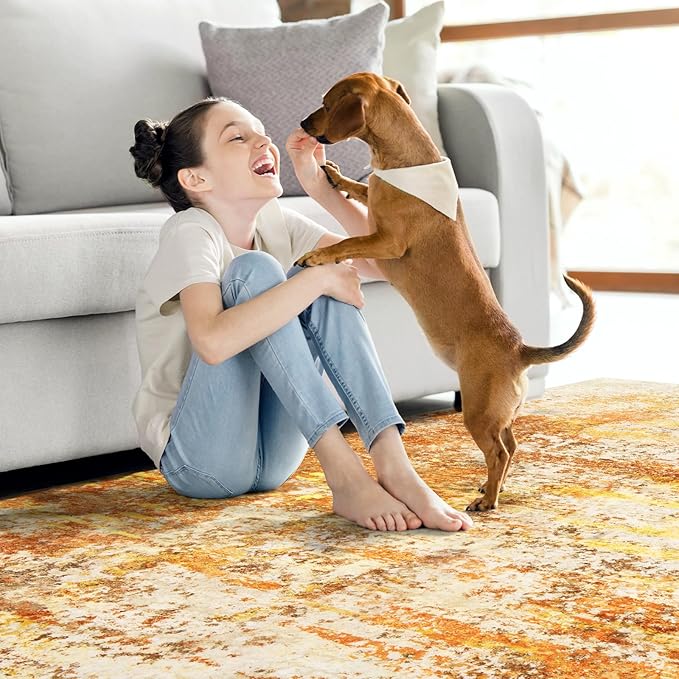 Washable Area Rugs for Living Room - 6x9 Abstract Modern Rug Neutral Soft Rug Stain Resistant Non-Shedding No Slip Low Pile Large Carpet for Bedroom Dining Room Nursery Home Office - Orange/Gold