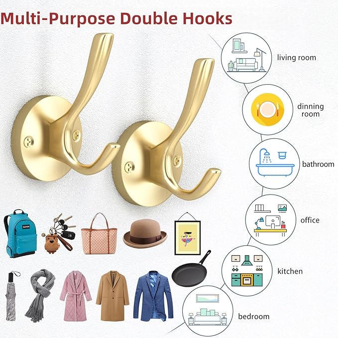 ZUONAI Gold Hooks 4 Pack Towel Hooks Gold Brushed Gold Wall Hooks Heavy Duty Metal Coat Hooks for Hanging Coats and Hat Hooks Wall Mounted Towel Hook for Bathrooms