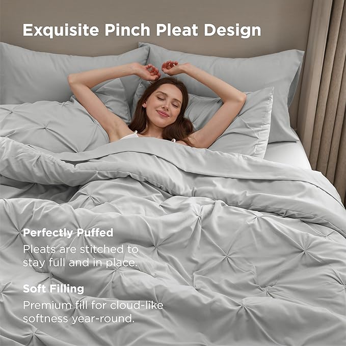 Bedsure Full Size Comforter Sets - Bedding Sets Full 7 Pieces, Pintuck Bed in a Bag Light Grey Bed Set with Comforter, Sheets, Pillowcases & Shams