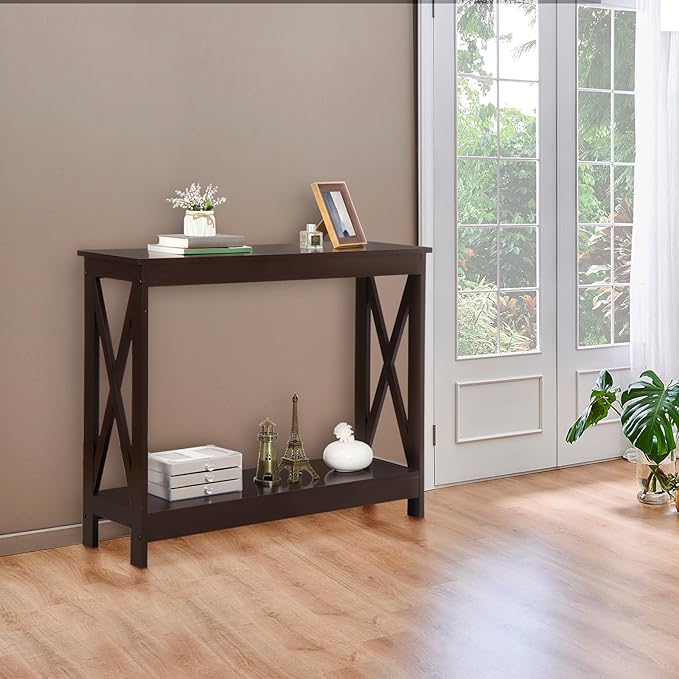SUPER DEAL Console Table 39.5”, 2-Tier Narrow Sofa Side Table with Storage Shelf, Entrance Table for Hallway/Foyer/Living Room/Corridor/Office, Espresso