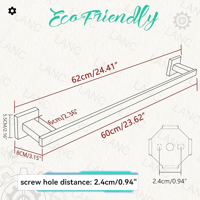 LANC 24-Inche Bathroom Towel Bar for Bathroom Wall Mounted Brushed Nickel Bath Towel Rack Stainless Steel Towel Rod for Toilet Kitchen Towel Holder Towel Hanger Towel Rail, A9010BN-L6
