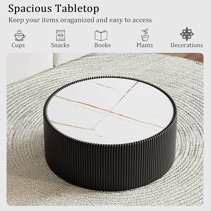 Round Coffee Table Set with Sintered Stone Tabletop, 29.52" Black Drum Center Table and 17.71" White Coffee Table Set, 2 Pieces Living Room Table Set with Fluted PU Leather Cover& Stable Base