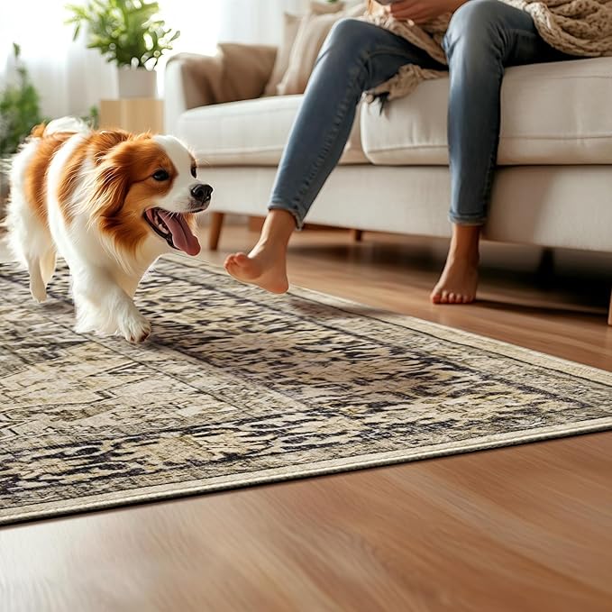 9x12 Large Rugs for Living Room Washable Boho Farmhouse Area Rugs Soft Faux Fur Low Pile Non Slip Stain Resistant Vintage Euro Floral Carpet Rug for Bedroom Dining Room Family Room,Hazel Brown