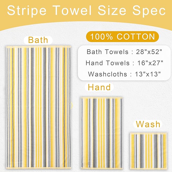 Quick Dry Hand Towels for Bathroom, 4 Pack 16"x27" - 100% Cotton | Soft | Absorbent | Lightweight, Striped Hand Towels Decorative Set, Luxury Towel Set for Showering & Guset, Yellow and Gray Stripe