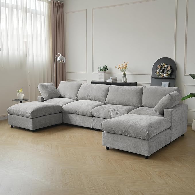 JACH U Shape Sectional Couches for Living Room, Modular Sofa with Chaise Ottomans, Cloud Sectional Couch, Sofa Covers Washable, Minimalist Couch for Living Room, Apartment, Light Grey