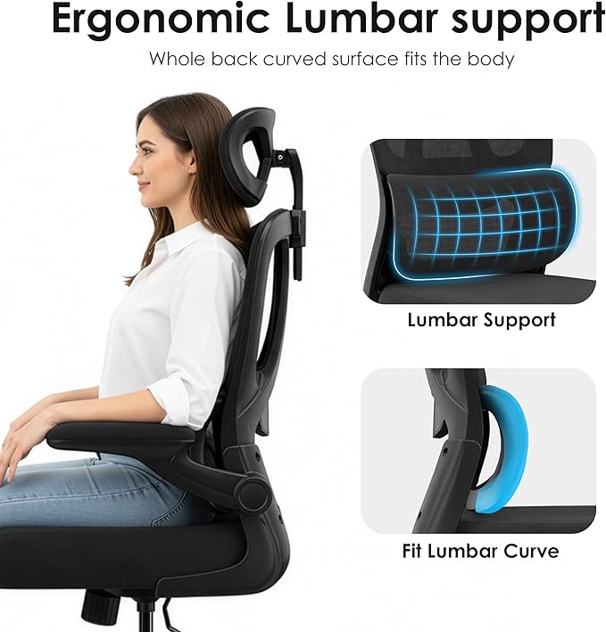 Farini Ergonomic Office Chair, Desk Chair with Headrest and Lumbar Support, High Back Swivel Home Office Chair with Headrest for Home Office Bedroom, Gifts, Black & Black