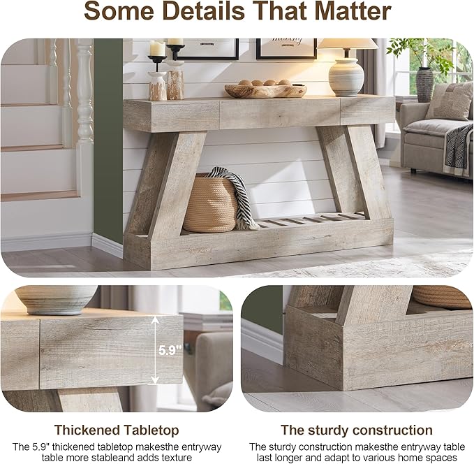60" Farmhouse Entryway Table with Drawer, Wooden Hallway Foyer Table with Heavy Duty Base(Light Rustic Oak)