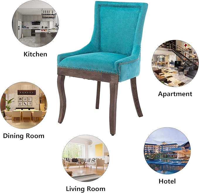 Farmhouse Dining Chairs Set of 2, Upholstered Fabric Dining Room Accent Chairs with Wood Legs & Bronze Nailhead, High Wingback Kitchen Chairs for Living Room Hotel Apartment, Blue