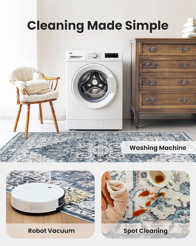 AMADA HOMEFURNISHING 4ft Round Area Rug, Low-Profile Washable 4x4 Rugs with Non-Slip Backing & Durable Edge Binding, Vintage Rug for Kitchen, Bedroom & Hallway, Blue