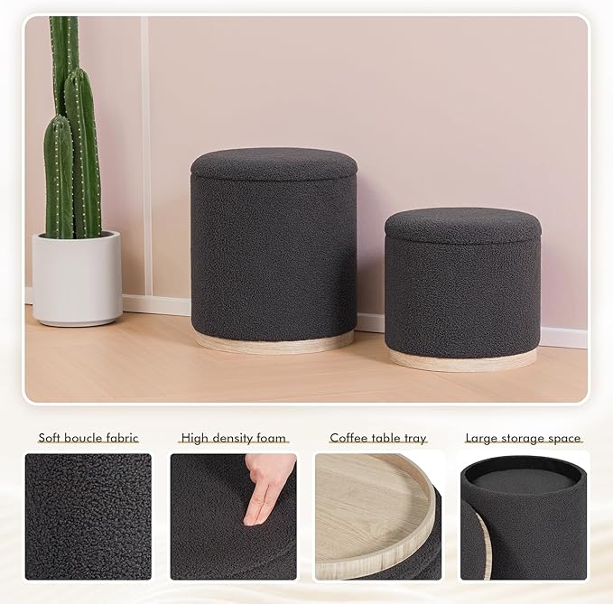 PINPLUS Round Ottoman with Storage Set of 2, Storage Ottoman with Tray, Teddy Velvet Ottoman Storage Modern Multifunctional Foot Rest Stool for Bedroom, Living Room, Dorm (Dark Grey)