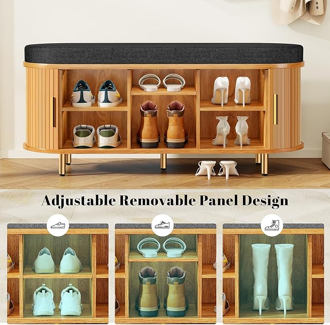 DHH Entryway Bench with Shoe Storage Fluted Shoe Storage Sliding Door and Adjustable Shelf with Cushion,2-Tier Shoe Rack Cabinet for Entryway, Bedroom, Living Room, (Yellow Walnut)