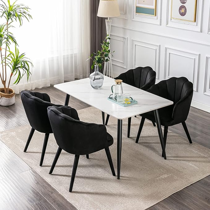 Velvet Dining Chairs Set of 2 Modern Living Room Chairs with Petal Back & Wood Legs Comfy Upholstered Side Chair for Dining Room/Bedroom/Vanity, Black