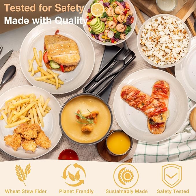 LIYH 24 Pcs Beige Plastic Wheat Straw Dinnerware Sets - Reusable Unbreakable Wheat Straw Bowls & Plates Dinner Set, Dishwasher Safe Plates Bowls Cups for Party Dish Set for 6 Kitchen & Camping
