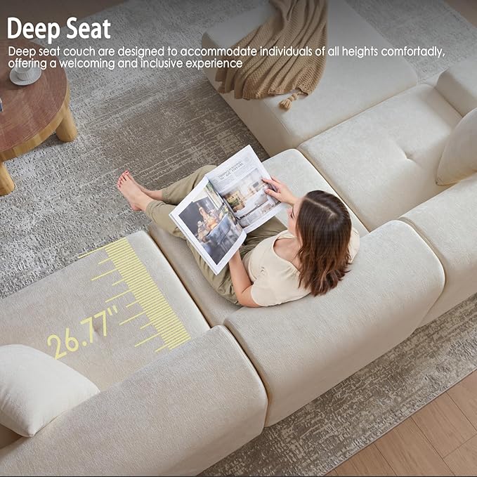 LIDYUK 118" Modern L-Shaped Boneless Couch Modular Sectional Sofa for Living Room, Chenille Upholstery Beige, Oversized 3-Seater Sectional Couch with Deep Seat and Movable Ottoman, No Assembly
