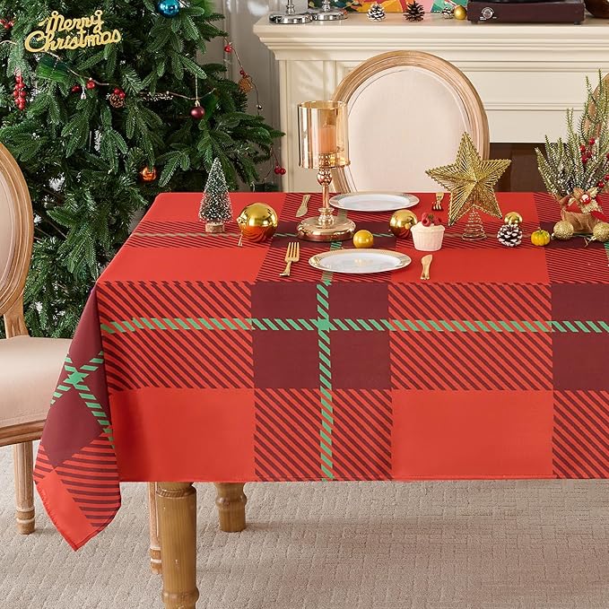 Christmas Tablecloth Rectangular 60x84 Inch Tablecloths for 4ft Waterproof, Machine Washable Polyester Table Cover for Xmas Party, Winter Holiday Home Decoration in Festive Checkered Red 1pack