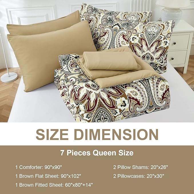Boho Comforter Set Queen, 7 Pieces Bed in a Bag Comforter Boho Paisley Pattern Bedding Soft Microfiber Queen Size (1 Khaki Comforter, 1 Flat Sheet, 1 Fitted Sheet, 2 Pillow shams, 2 Pillowcases)